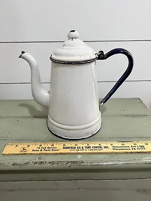 Vintage White And Blue Enamelware Coffee Pot With Gooseneck Spout • $12.50