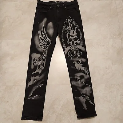 Waimea Mens 32x32 Skinny Fit Black Denim Jeans Streetwear Goth Dark Skull Pants • $31.47