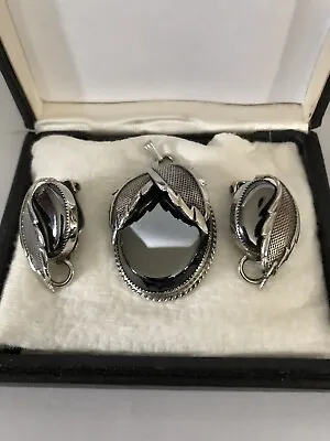 Whiting & Davis Vintage Faux Hematite Pendant / With Earrings Jewelry Set • $30