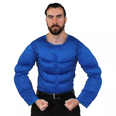 Mens Padded Blue Muscle Chest Top Strongman Shirt Tv Army Fancy Dress Costume  • £17.99