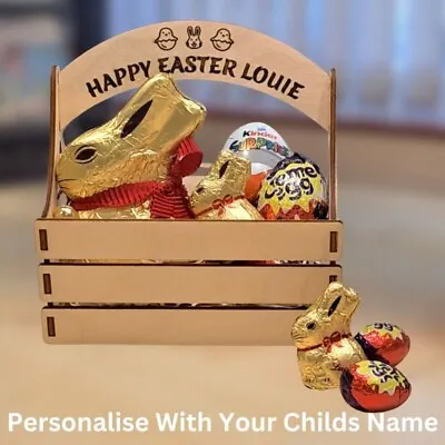 Personalised Easter Wooden Basket Egg Hunt. Kids Easter Basket Egg Bunny Gift • £6.75