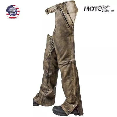 Men's Motorcycle Pant Removable Liner Distressed Leather Chap With 4 Pockets • $138.39