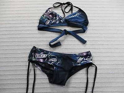 Y2K Ed Hardy Womens Bikini XS Blue Spaghetti Strap Boy Short Black Stretch • $89.99