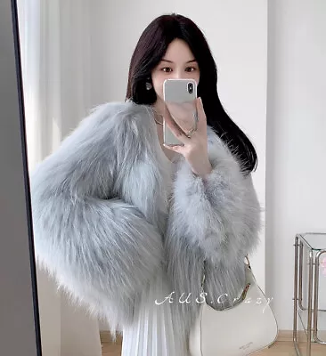 Real Raccoon Fur Double Woven V-neck Fur Coat Womens Short Jackets Long Sleeve • $306.41