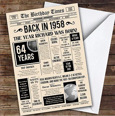 1958 Newspaper Any Age Any Year You Were Born Facts Personalised Birthday Card • £6.59