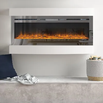 Black Mirrored Glass Wall Mounted/Inset Electric Fireplace 12 LED Flame Dimmable • £259.95