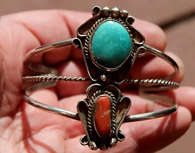 Old Pawn Navajo Handmade Sterling Silver Turquoise Stone & Branch Coral Bracelet • $85