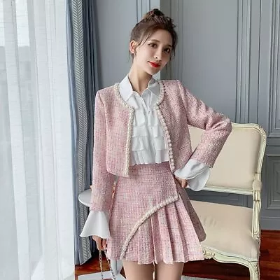 £61.15 • Buy 2020 Autumn Winter New Women Tweed 3 Piece Set Beading Short Coat + Pleated