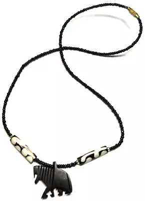 Vintage Jewelry Necklace Seed Bead Black Tribal Carved Elephant Mammoth 1 • $4.99