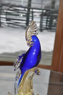 Murano Cockatoo Art Glass Hand Blown Bird Cobalt Blue & Gold Original Label • $99