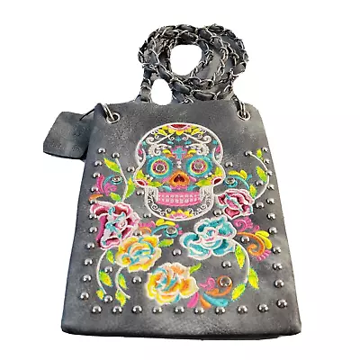 P & G Gray Sugar Skull Day Of The Dead Mini Crossbody Purse Shoulder Bag Pouch • $21.08