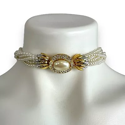 Vintage Necklace Choker Faux Pearl Rhinestone Encrusted Costume Jewelry 80s • $49.95