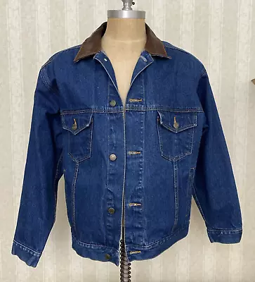 Marlboro Country Store Mens Jean Jacket MEDIUM Blue Denim Leather Collar Unisex • $33