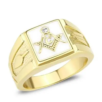 Mens Masonic Gold Ring White Onyx Cz Signet Pinky Military Smart 18kt Steel 159 • £20.99