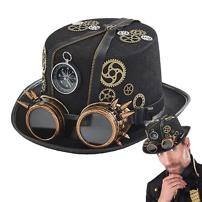 Men Steampunk Hat With Goggles Vintage Jazz Hat Gothic Cosplay Top Hat For Men  • $32.99