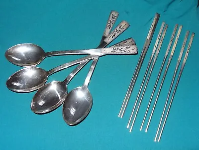 Vtg Silver Korean Chopsticks With Rice Spoons Soup Engraved Florals Service 4 • $35