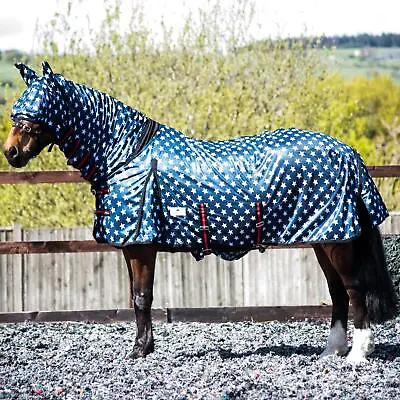 Horse Pony Fly Sheet Rugs Lite Combo Belly Tail Cover Mask Navy White Star • £22.99