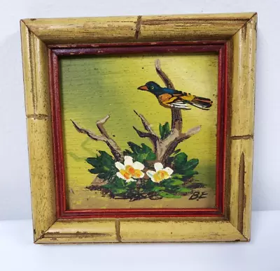 Vintage Oil Painting On Wood Bird On A Branch Lenwile Ardalt Artware Framed 5.5  • $32