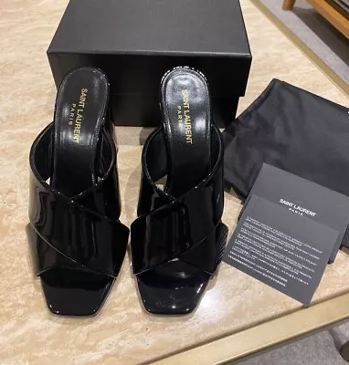 Yves Saint Laurent Sandals Patent Black Leather Size EU 38 UK 5 With Box • £185