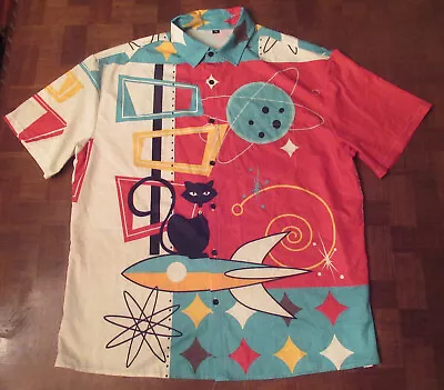 Googie Retro Space Cat Atomic Button-front Hawaiian Shirt Size XL Or L • $39.95