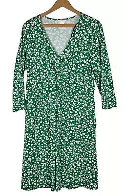 H&M Maternity Dress Large Green White Block Print Floral Knit V Neck 3/4 Sleeve • $19.99