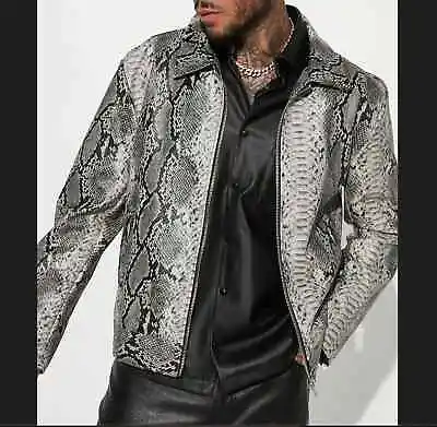 Mens Gothic Gray Exotic Snake Python Texture Leather Jacket Fashion Stylish Coat • $316