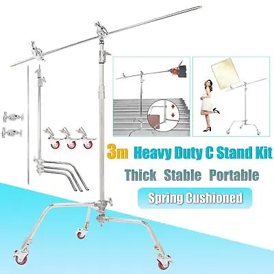 Heavy Duty Steel Light Stand 300cm C Stand With Sliding Leg Wheels Grip Head UK • £169.99