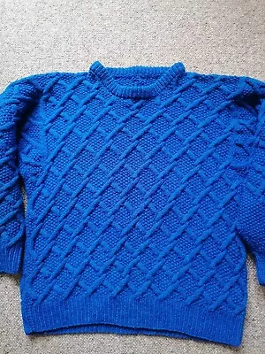 Aran Fisherman Sweater 100% Wool Hand Knit Size Large Blue P2P 23  • £0.99