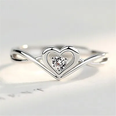 925 Sterling Silver Heart CZ Stone Adjustable Ring Womens Girls Jewellery New UK • £3.47