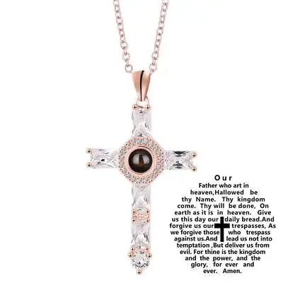 Lords Prayer Engraved Crystal Cross Pendant | Cross Projection Prayer Necklace • $6.79
