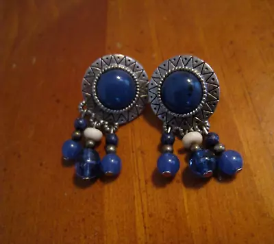 Vintage Xeja Dangle Faux Blue Sapphire Metal Sunburst Mayan Post Earrings • $10