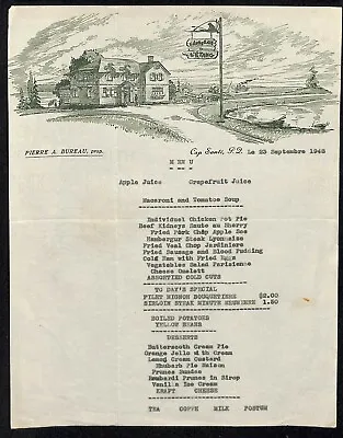 L'auberge L'Étang Restaurant  Pierre A. Bureau  Menu Sheet Cap Santé 1948 • $24.99