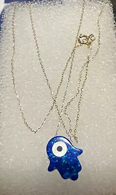 18ct Gold Chain Necklace With Hamsa Evil Eye Pendant. Mark 750. Made In Dubai. • £65