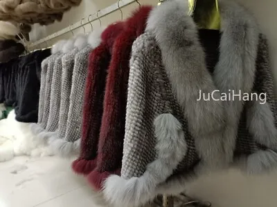 HandMade Knitted Women Coat Real Mink Fur Shawl With Fox Fur Collar - Grey • $157