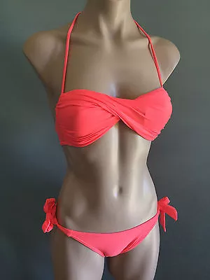 BNIP Ladies Sz M/10 Fluro Peach Padded Halter Tie Style Bikini Bathers Swim Set • $16.95