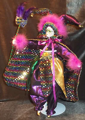 Vintage Mardi Gras 14  Porcelain Jester Harlequin Doll Drama Mask Feathers Bells • $14.99