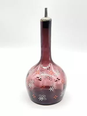 Vintage Bohemian Amethyst Blown Glass Handpainted Barber Bottle 6.5” • $21