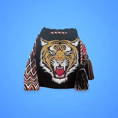 Authentic 100% Wayuu Mochila Colombian Bag Wild Tiger Rhinestones Handpainted • £115.82