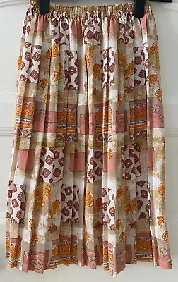 Vintage 60s 70s Brown/beige Geometric Leaf Print Pleated Knee Skirt. Uk 8-12 • £7.99