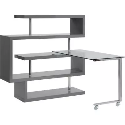 ACME Buck II Glass Top Writing Desk In Chrome And Gray High Gloss • $744.83