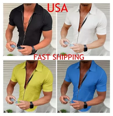 Full Zip Collar T Shirt Men Fashion Fitness Short Sleeve Ultra Soft Zipper Dress • $29.86