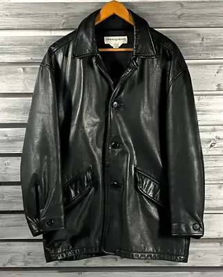 NICE Vintage Jhane Barnes Black Heavy 100% Leather Trench Coat Jacket Mens M • $39.99