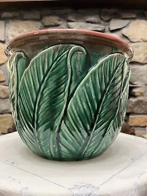 Antique Rare Pattern Art Pottery Majolica Jardiniere Planter Tropical Leaf Jar • $260