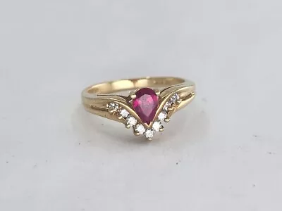 Vintage 14K Yellow Gold Synthetic Ruby And Diamond Ring Sz 6.5 .18 Cttw • $282