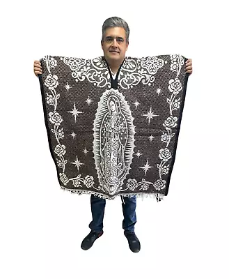 Mexican Poncho virgen De Guadalupe  Blanket Sarape  One Size  Brown & White • $38