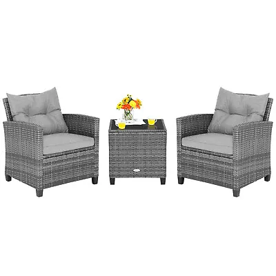 3PCS Patio Rattan Furniture Bistro Set  Cushioned Sofas Side Table Armrest Grey • $219.99