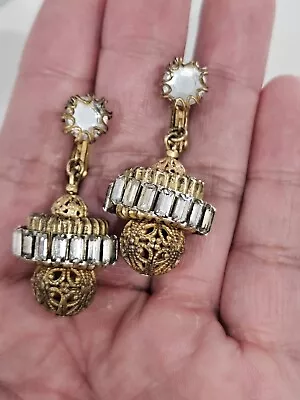 Vintage Signed Miriam Haskell Goldtone Filigree Ball Rhinestones Dangle Earrings • $39.99