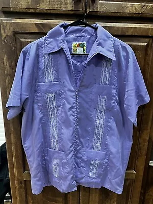 Haband Guayabera Shirt Mens M Purple Short Sleeve Zip Front Embroidered 4 Pocket • $19.95