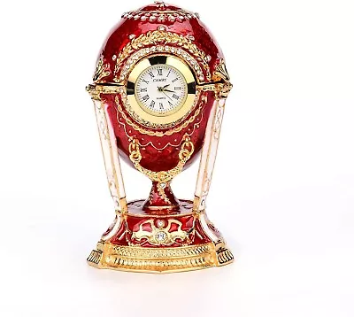 Faberge Hand Painted Enameled Egg Red Table Clock Figurine Jewelry Trinket Box • $50