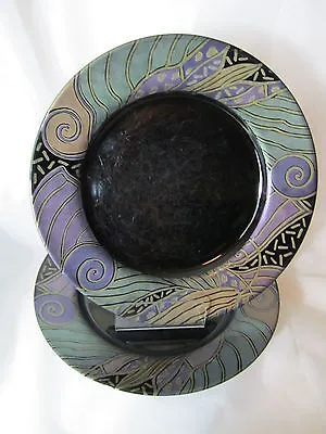 Plate Salad PAIR Arcoroc France TAMPICO Black Glass Iridescent Swirls Blue • $8.99